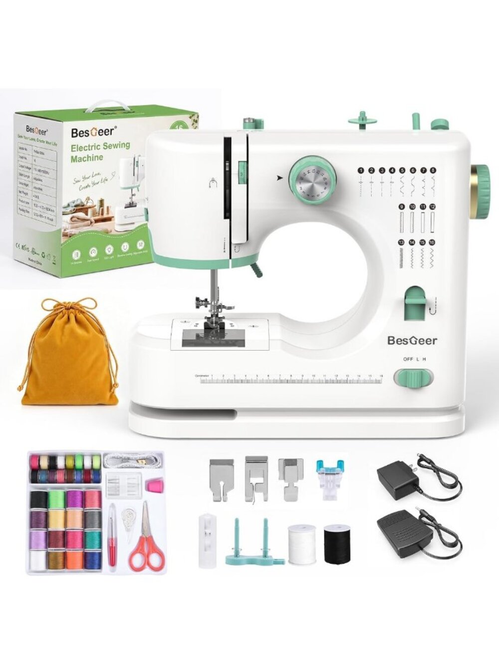 Sewing Machine for Beginners - 16 Stitches, 42-Piece Thread Kit, Easy to Use